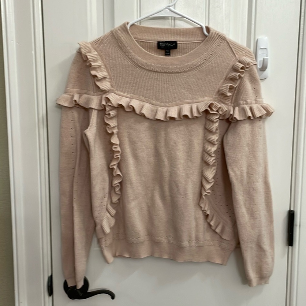 💕TOPSHOP blush pink ruffle front sweater.  8